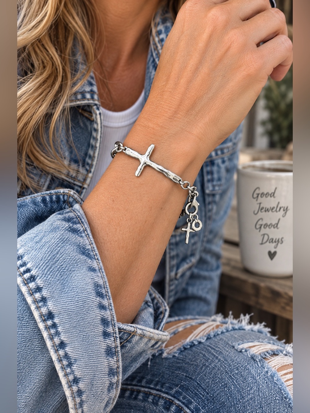 Silpada Hammered Sterling Silver IN GOOD FAITH Adjustable Cross  Bracelet